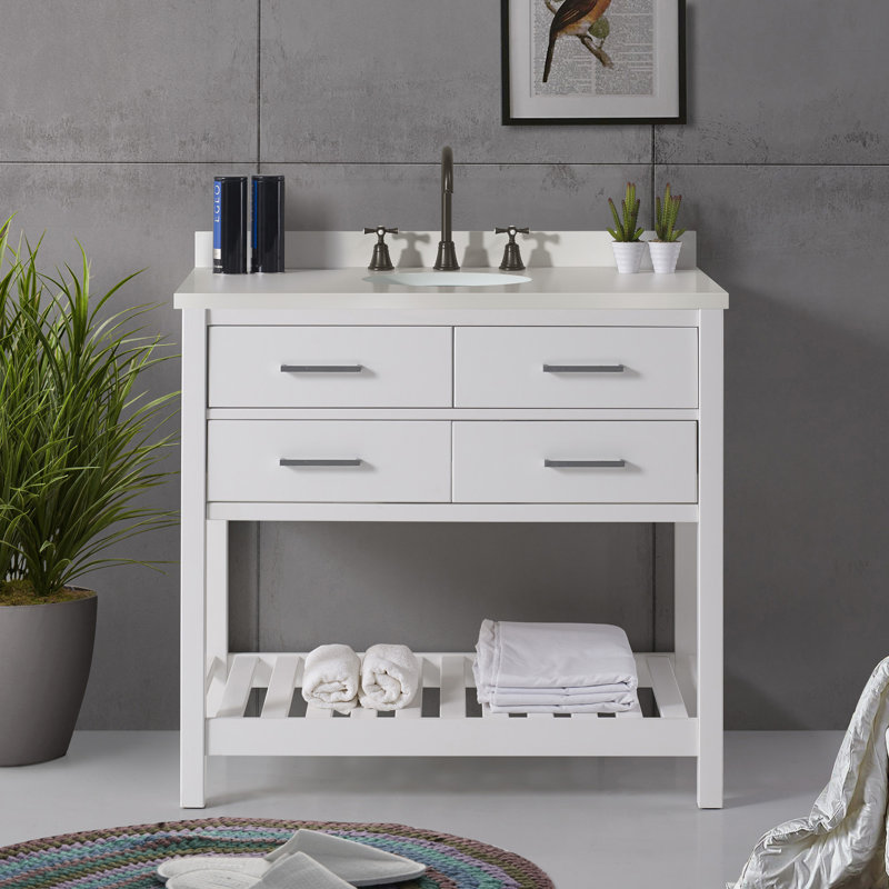 Meuble-lavabo Harrison de 36 po de largeur seulement, bois de pin massif, quincaillerie nickel, comprend 2 tiroirs à fermeture en douceur, hauteur réglable, design classique intemporel, idéal pour le rangement dans la salle de bain, blanc