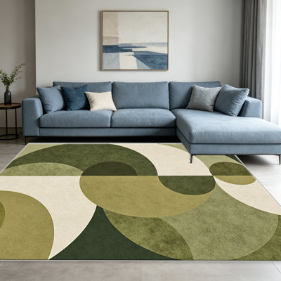 Tapis olive Olive Curve Geo pour le salon, doux et confortable, convient à toutes les saisons, facile à entretenir, tapis de sol intérieur lavable à la machine, sous la table de ferme convenant à la chambre à coucher, à la salle à manger, au bureau, au patio, au balcon, à la maison