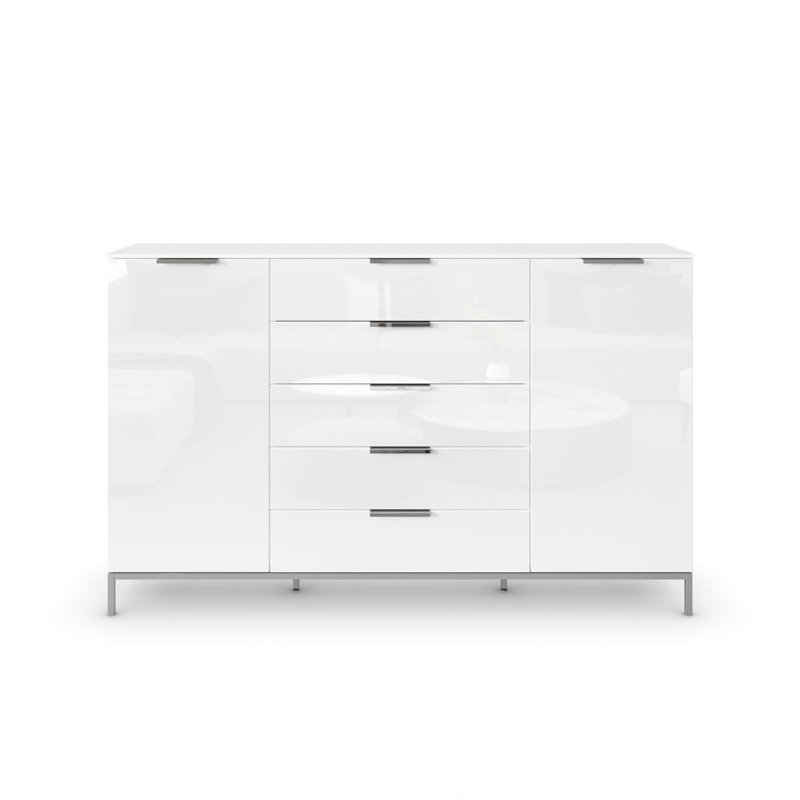 5 - Drawer Chest of Drawers, Alpine White/White Glass/Chrome