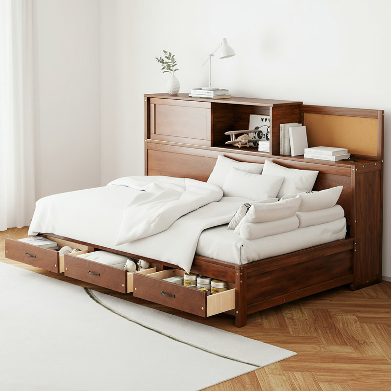 Lit de jour simple avec plusieurs espaces de rangement, Noyer