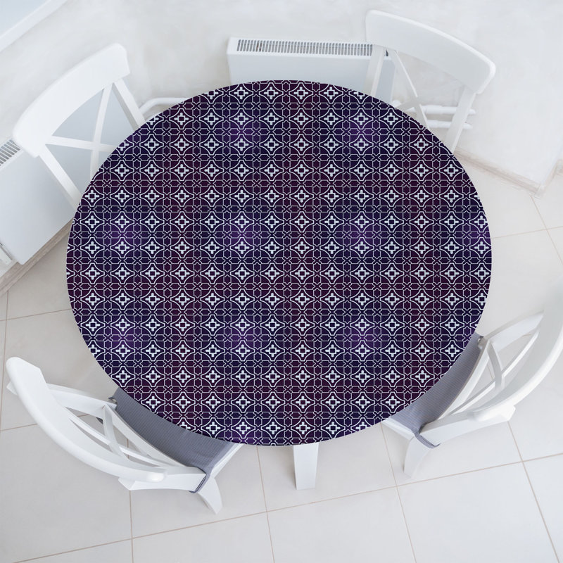 Ambesonne Abstract Fitted Round Tablecloth Dark Purple White, 51.97" Round