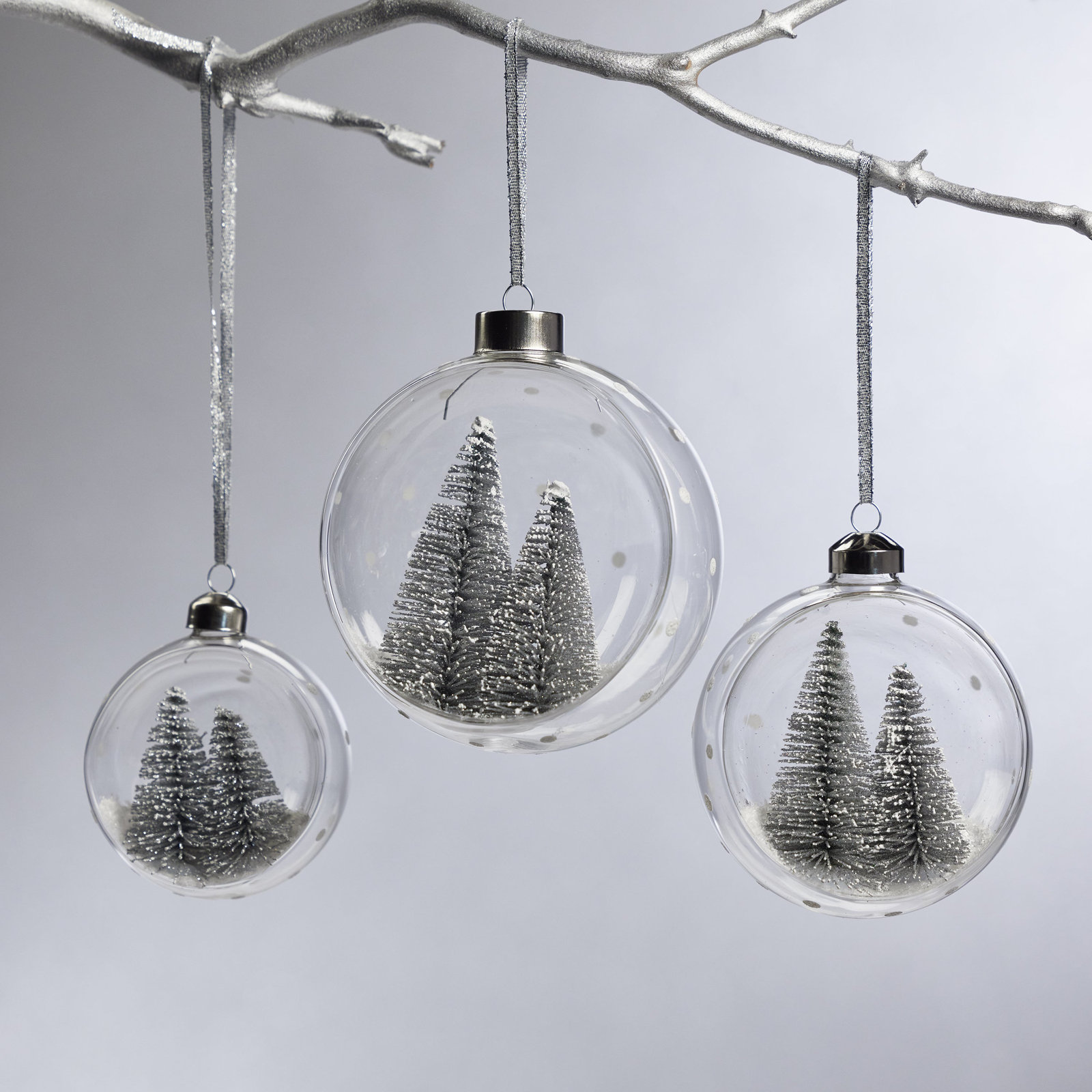 Set of 6 Glass with Pine Trees Ball Ornament, 4" H x 4" W x 4" D, Gold