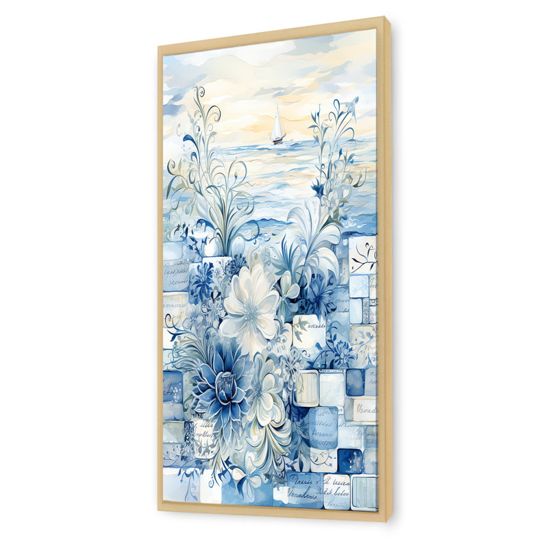 Carreaux botaniques blancs et bleus I - Botanicals Wall Art, Cadre flottant brun, H 32 po x l 16 po