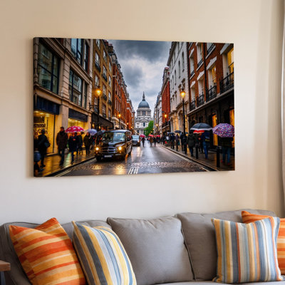 Canvas A Bustling London Street Scene Captured In Late Afternoon Featuring Wall Art A Classic Black Taxi Driving Down A Narrow Canvas Wall Art