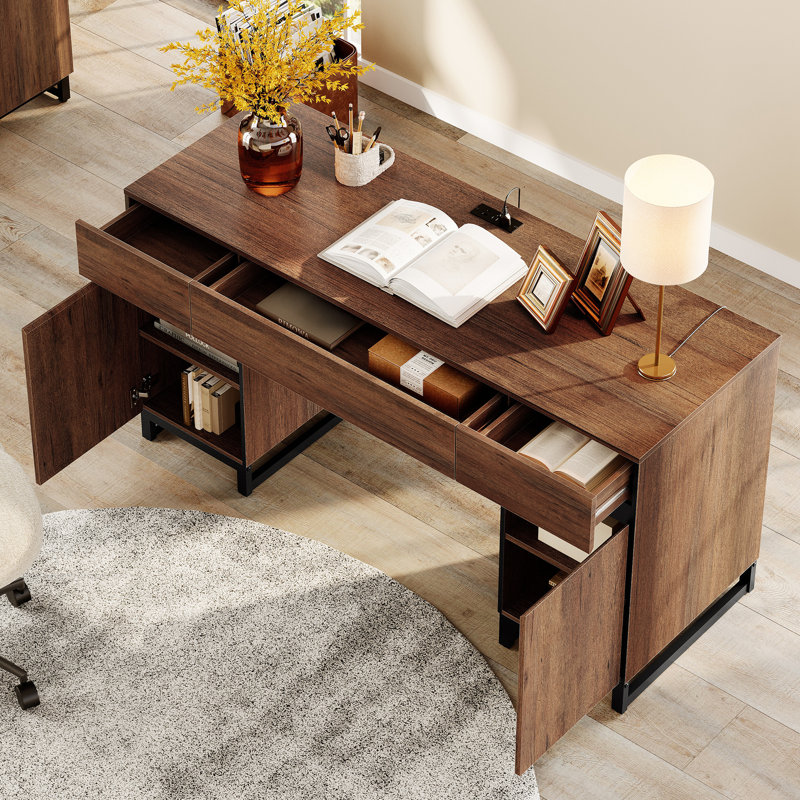  Home Office Furniture Set: 59In Modern Executive Desk With Charging Station And Drawers And Two 72In Tall Bookcases, Home Office Furniture For Living Room, Bedroom