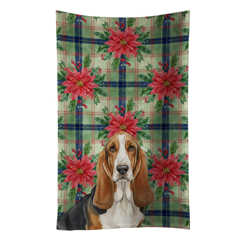 Tricolor and White Basset Hound Christmas PoinsettIas Kitchen Towel, Black/White/Brown Basset Hound