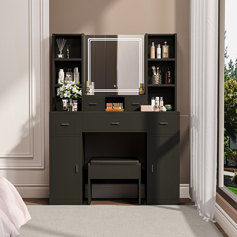 La coiffeuse avec miroir à DEL est équipée d'un support pour sèche-cheveux, Noir