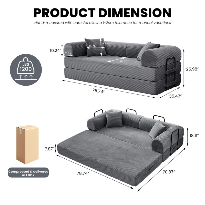 Corduroy Convertible Sofa Bed - Folding Floor Futon Sleeper with Pillows, Boneless Comfy Loveseat for Living Room Bedroom, Dark Grey