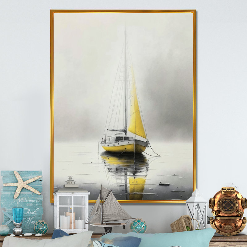Bateau ancré I - art mural bateau côtier, H 40 po x l 30 po, Cadre flottant doré