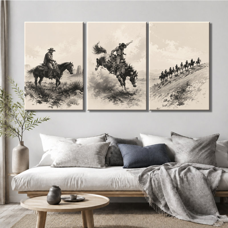 3 panneaux muraux, impression rétro sur toile cheval de cowboy occidental, paysage désertique, 12 * 18 pouces * 3