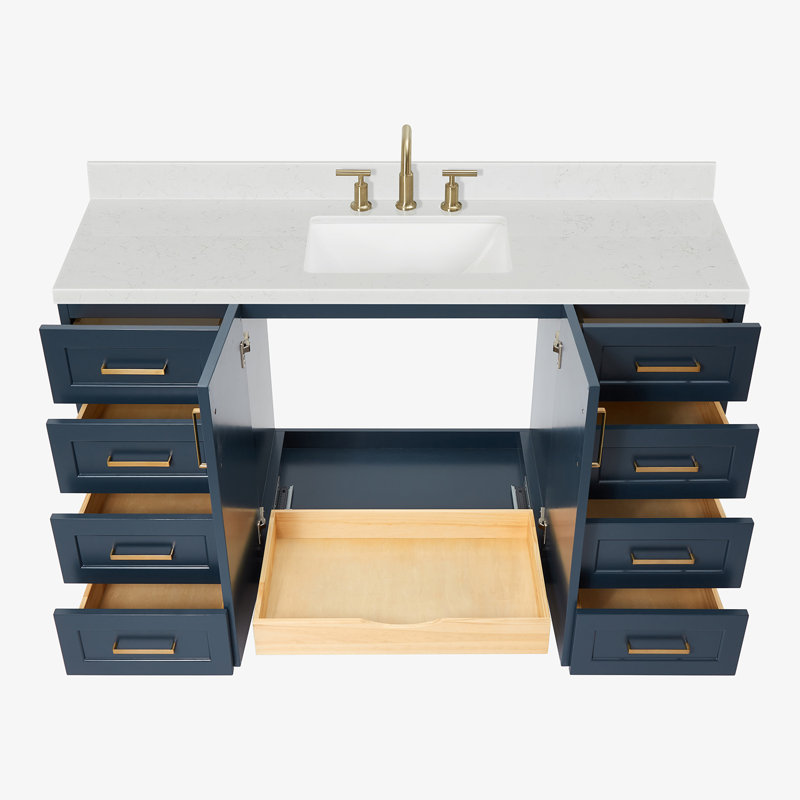 61 IN.  Single Bathroom Vanity, Midnight Blue, Rectangle, Carrara Quartz