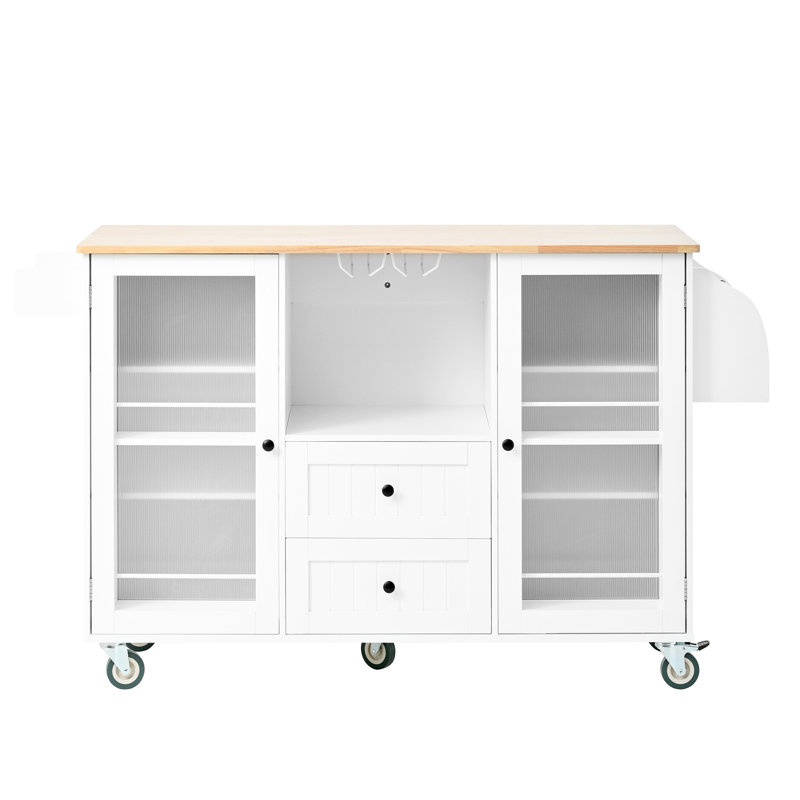 Chariot de rangement mobile pour cuisine avec plateau rabattable, 2 tiroirs, placard de porte, porte-serviettes, tablette à épices, fabrication blanche et bois d'hévéa, surface de travail de chariot roulant de 48,78 po de profondeur, compartiment