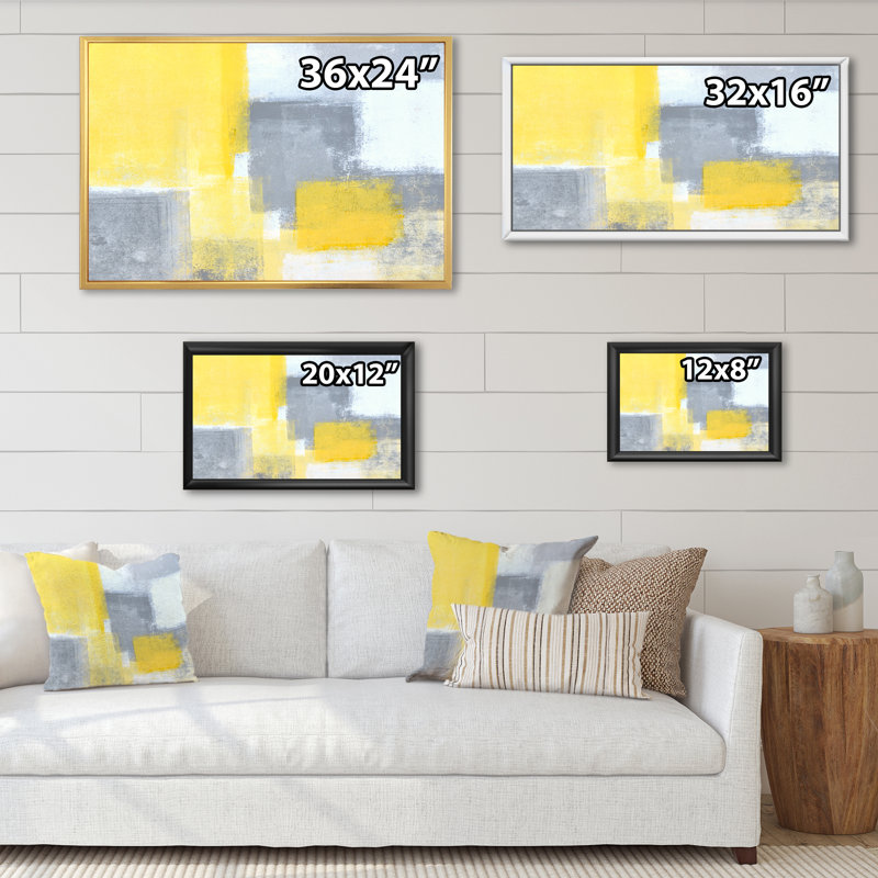 «Gray Meets Yellow Modern Art II», reproduction sur toile flottante, H 16 po x l 32 po x P 1 po, Cadre flottant doré