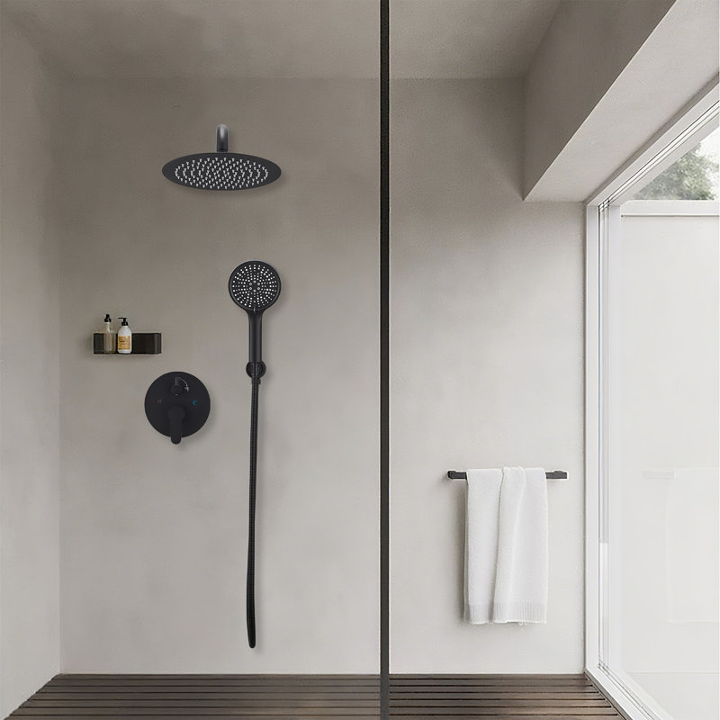 Round Shower Faucet Matte Black Shower System With 10 Inches Rain Shower Head And Handheld Spray
