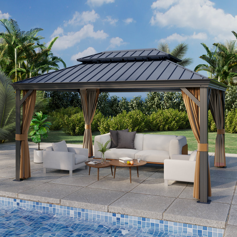 Pavillon de jardin permanent à toit rigide de 10 pi x 14 pi avec cadre en aluminium et double toit en acier galvanisé