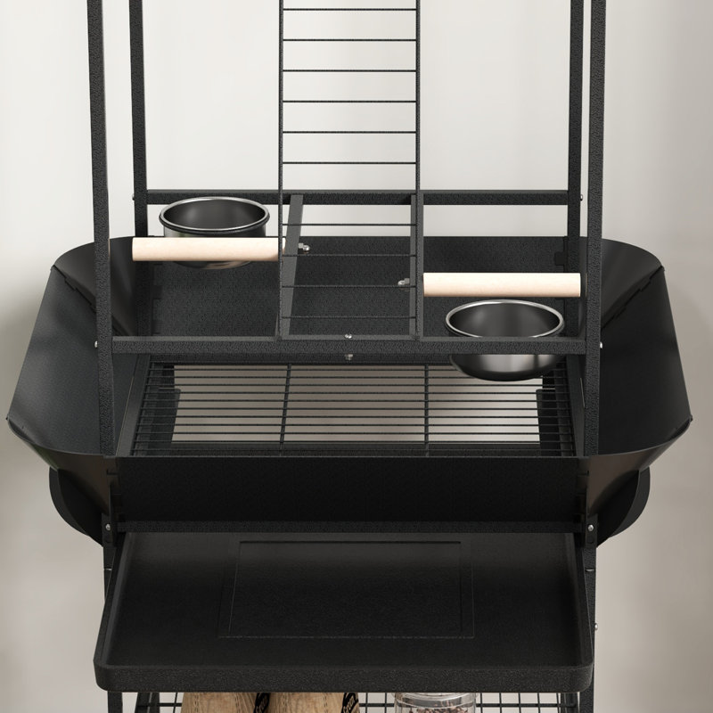 Support à oiseaux gris foncé avec roulettes - support, bols en acier inoxydable, plateau coulissant, plateforme stable pour perroquets et perchoirs, facile à assembler