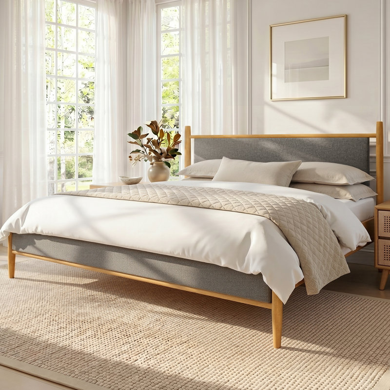 Mid-Century Modern Upholstered Platform Bed Frame with Padded Headboard, Solid Rubberwood – King, King