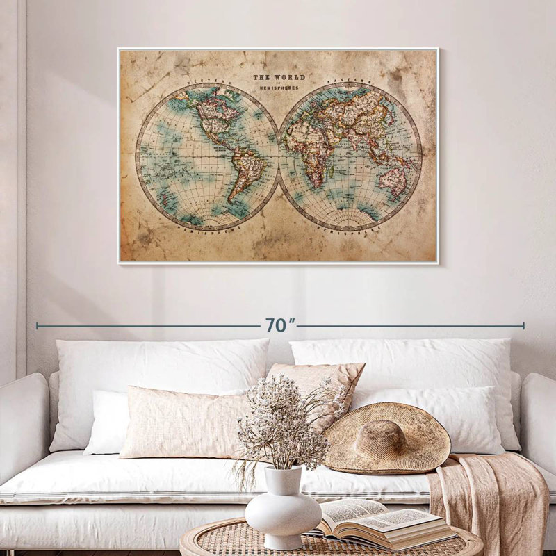 Hemisphere Map, 46" X 31", Floating Frame White