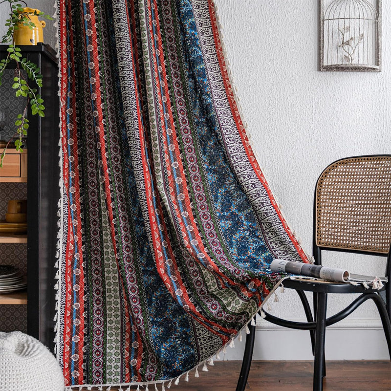 Oreskovich Boho Curtains With Beige Tassels Cotton Linen Semi-darkening Curtains (Set of 2), 59" W x 87" L