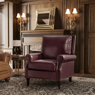 Wajeeh 33"W Mid-Century Modern Buttery Genuine Leather Accent Chair With Solid Wood Legs