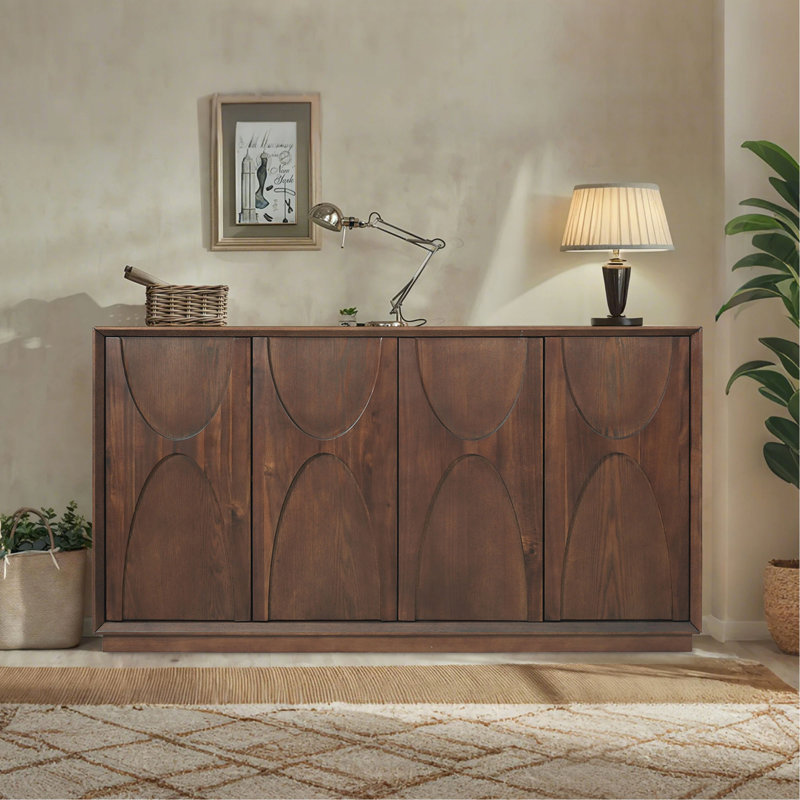4 Door Accent Cabinet with Solid Wood Carved Doors, Adjustable Shelves, Push to Open Storage Cabinet with Cable Management, Ash Veneer Sideboard for Living Room