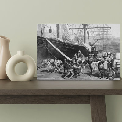 1870S 1877 Illustration Stevedores Unloading Freight From Sailing Vessel At New York City Dock Classic Retro Vintage Horse City Wall Art