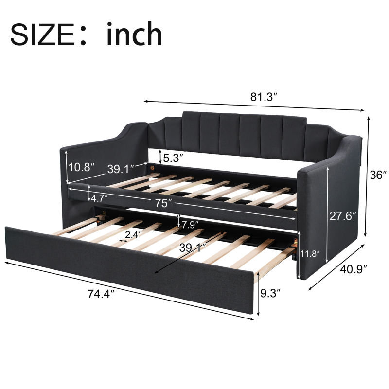  Upholstered Twin Daybed with Pull-Out Trundle Bed Frame, Guest-Ready Sleeper, Black