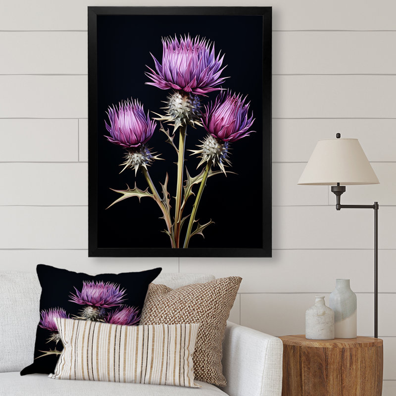 «Black Thistle Flowers I - Thistle», art mural, Cadre simple noir, H 20 po x l 12 po x P 1 po