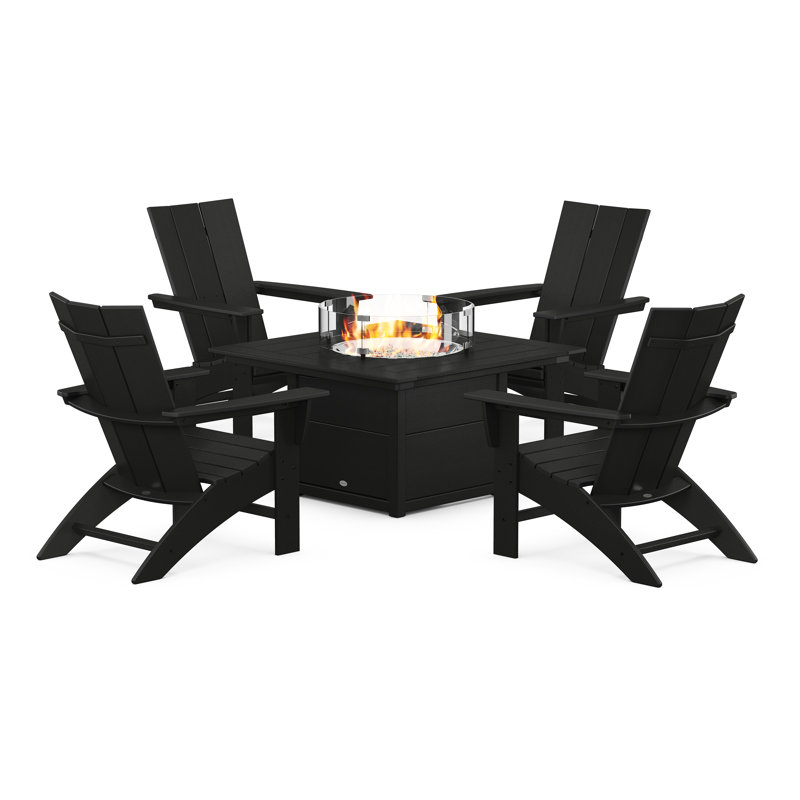 Ensemble de conversation 5 pièces POLYWOOD Modern Curveback Adirondack avec foyer, Noir