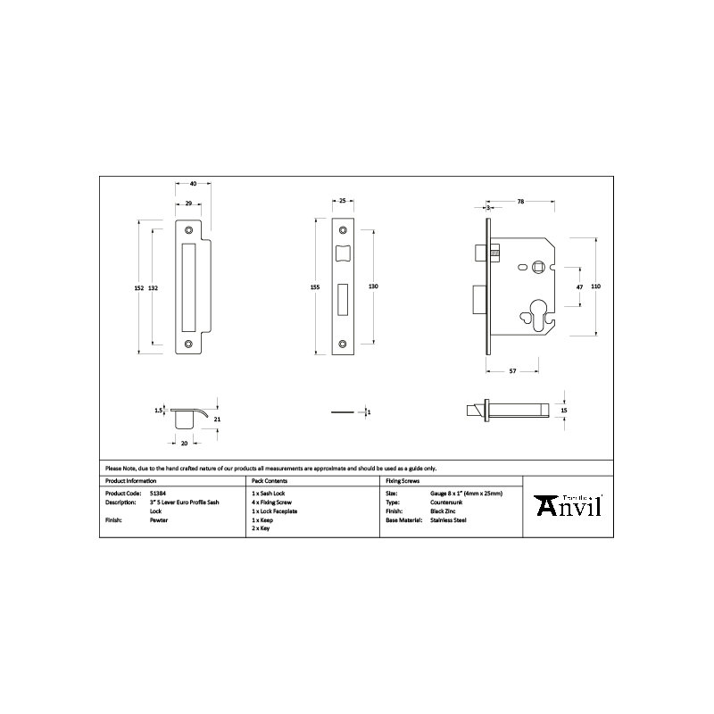 Polished Bronze 3" Euro Profile Sash Lock, Pewter Patina