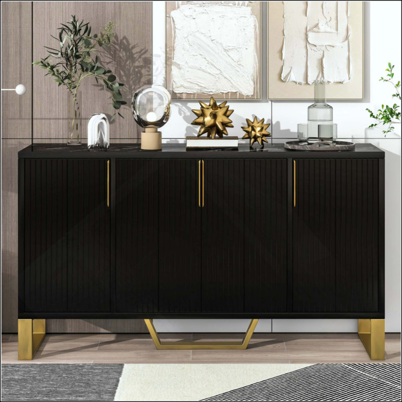Modern Sideboard With Four Doors, Metal Handles & Legs And Adjustable Shelves Kitchen Cabinet, Black