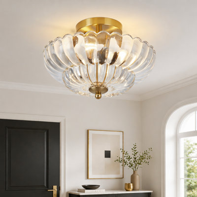 Plafonnier semi-encastré 3 lumières rétro avec fleur en verre 11,8 po Vintage pour couloir salon cuisine chambre salle de bain
