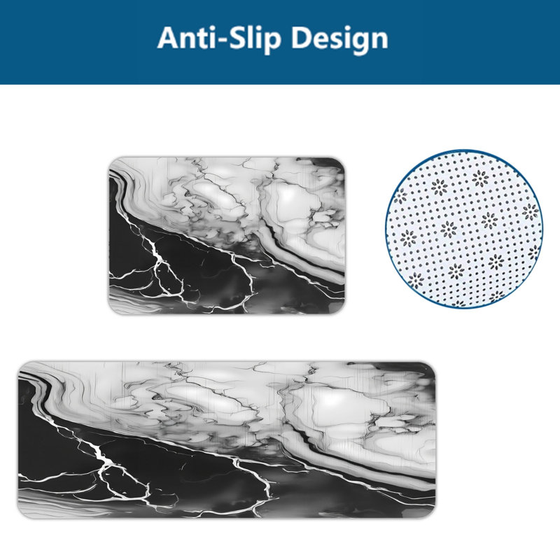 Black and White Marble Pattern 2 PC Kitchen Floor Rugs, Modern Kitchen Decor