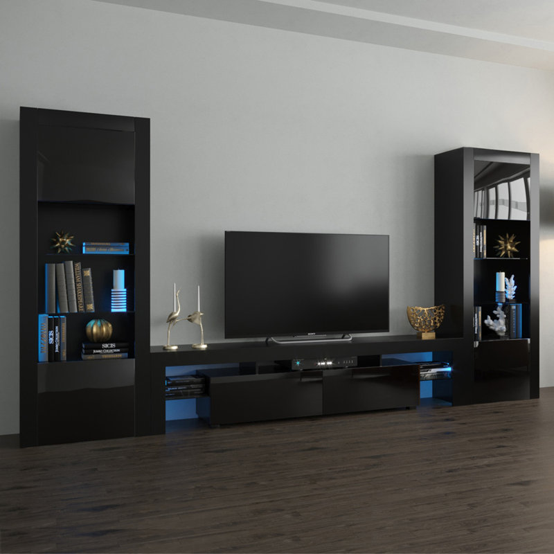 Earle 67" Modern Entertainment Center with High Gloss Finish, Black