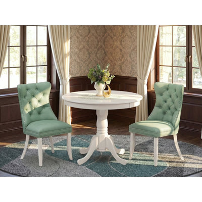 3 Piece Dining Room Set Includes a Round Kitchen Table with Pedestal and 2 Upholstered Chairs, linen white