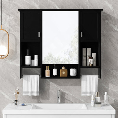 35'' X 28'' Modern Wall Mounted Bathroom Storage Cabinet, Bathroom Wall Cabinet With Mirror, Medicine Cabinet With Towels Bar
