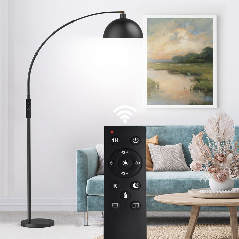 Lampe sur pied arquée 78,7 po Emersynn avec télécommande, ampoule DEL incluse et abat-jour en métal, Noir