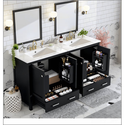 Ensemble de meuble-lavabo noir 60 po avec double meuble-lavabo (séparé), double lavabo en céramique, tablette de rangement et tiroirs séparés (miroir non inclus) - Solution de salle de bain moderne pour salles de bain spacieuses