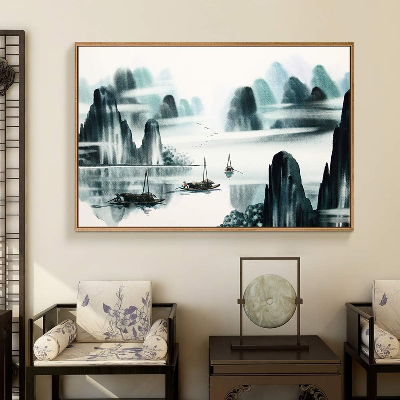 Peinture à l'encre de Chine, bateau de montagne sur le lac, impressions sur toile pour le décor de chambre à coucher