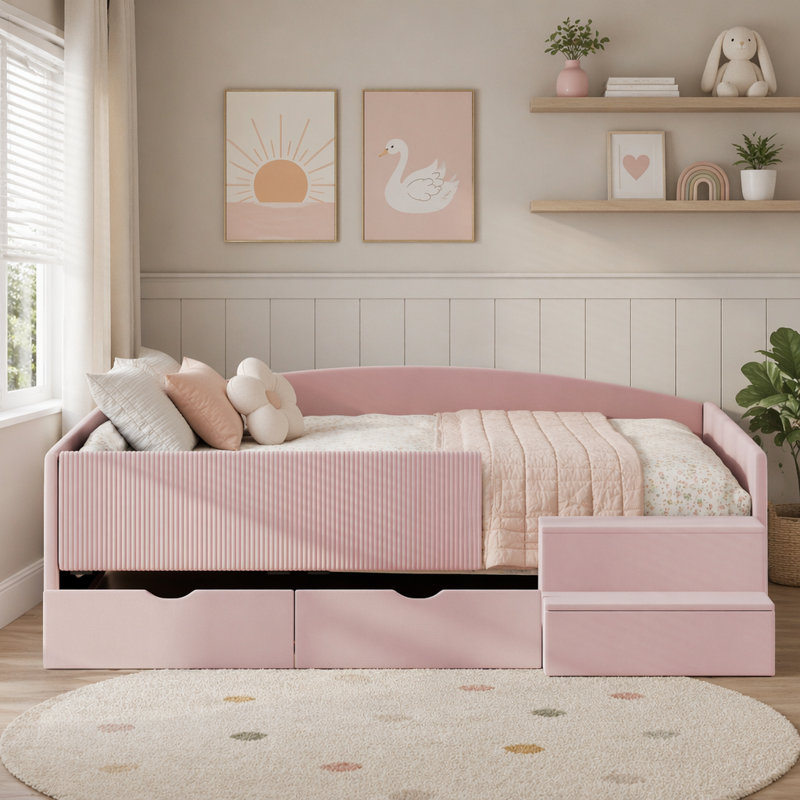 Structure de lit double rembourrée pleine grandeur avec 2 tiroirs de rangement, mélange de velours rose et velours côtelé pour chambre d'enfant