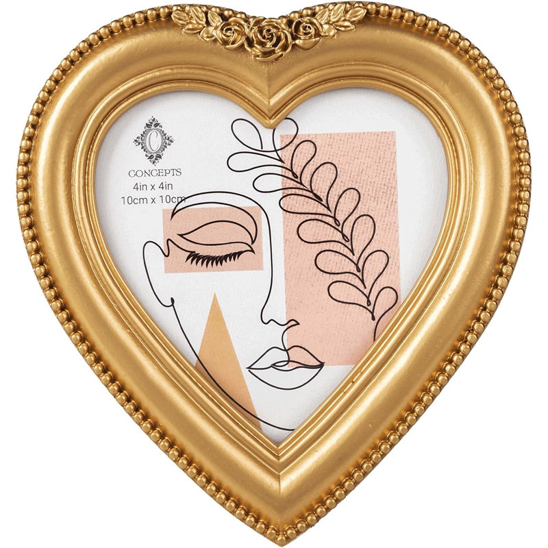 4" X 4" Gold Beaded Resin Heart Picture Frame With Glass Front