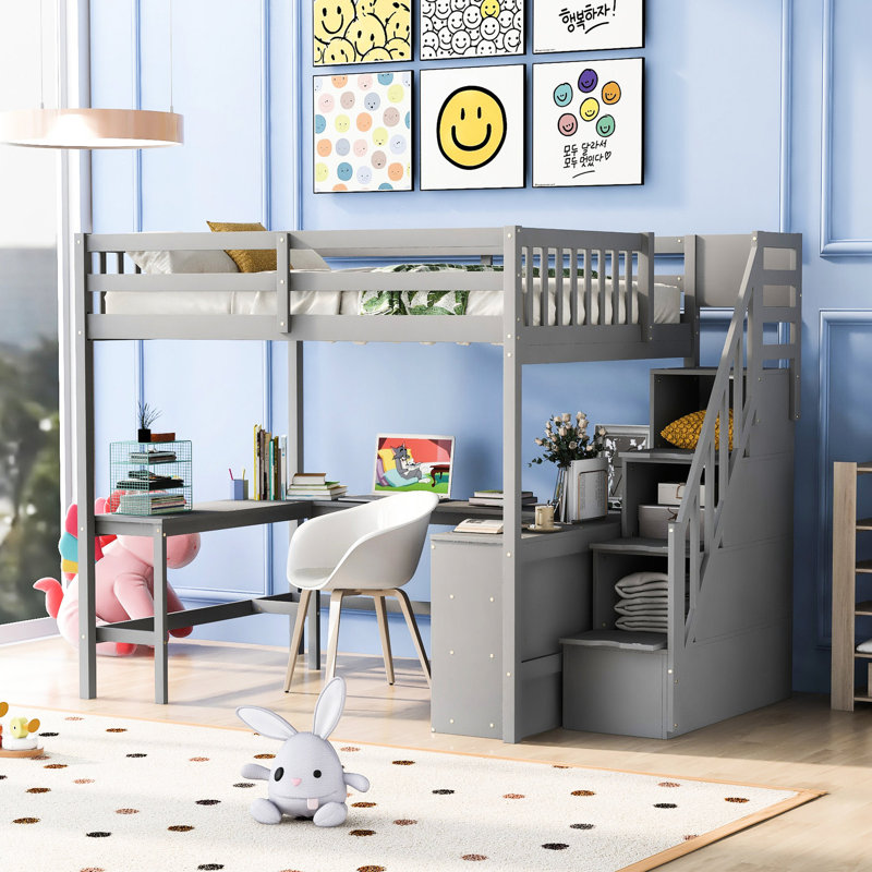 Lit mezzanine double en gris avec bureau intégré et rangement - Transformez le décor de votre chambre à coucher en L et à plusieurs niveaux de rangement, maximisez la fonctionnalité