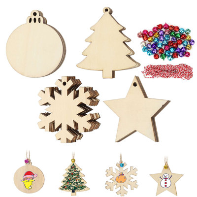 40Pcs DIY Wooden Christmas Ornaments Unfinished Blank Predrilled Wood Circles for Crafts Holiday Hanging Decorations(4 Shapes)