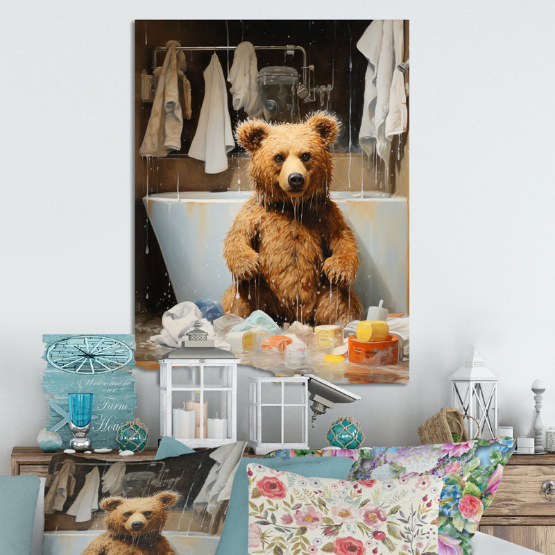 «Bathroom Bathroom Bear Bubbles 3» - Art mural en métal, H 20 po x l 12 po x P 1 po