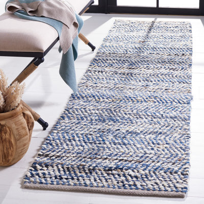 Tapis bleu / ivoire en laine et coton tissé à plat à la main Treece