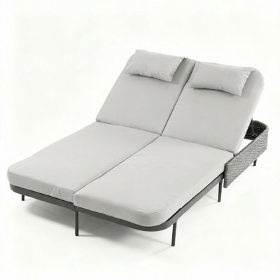 Méridienne d'extérieur en osier double avec coussin et dossier réglable, fauteuil inclinable de patio en métal résistant aux intempéries