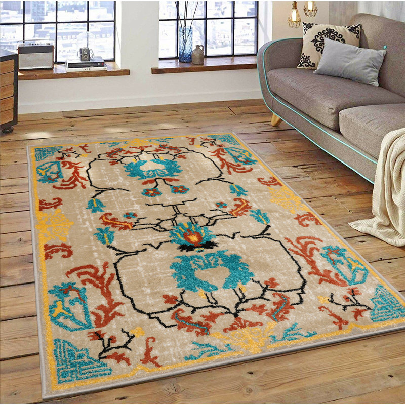 Tapis beige / bleu sarcelle bouclé / crocheté Inshore, Rectangle de 7 pi 6 po x 9 pi 6 po, Beige / bleu sarcelle 