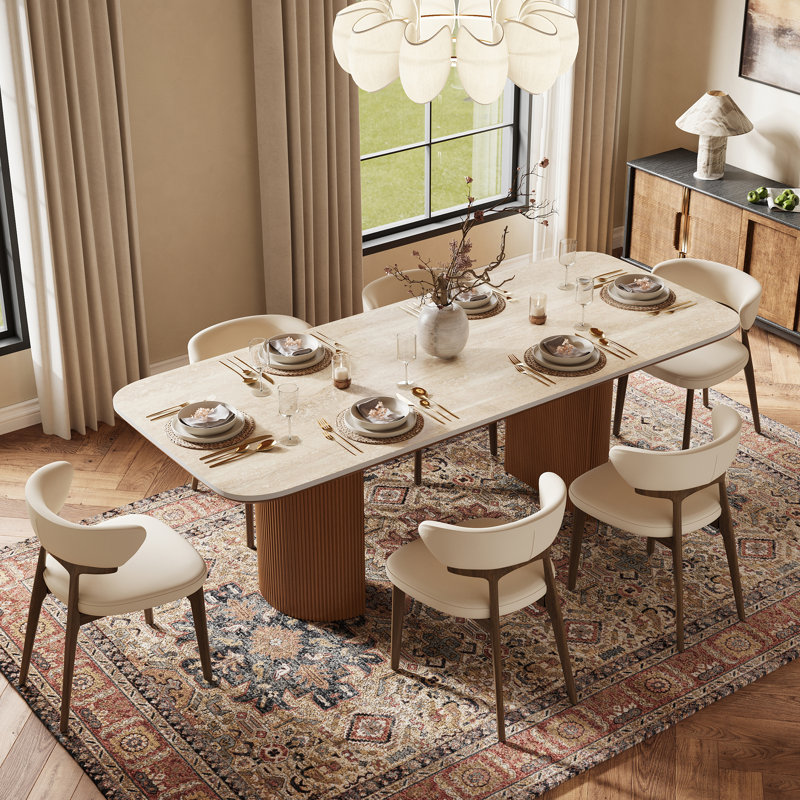 Noaah Modern Dining Table for 6, Travertine Texture Stone Tabletop, Wood Legs with Solid Wood Veneer, Beige/Brown