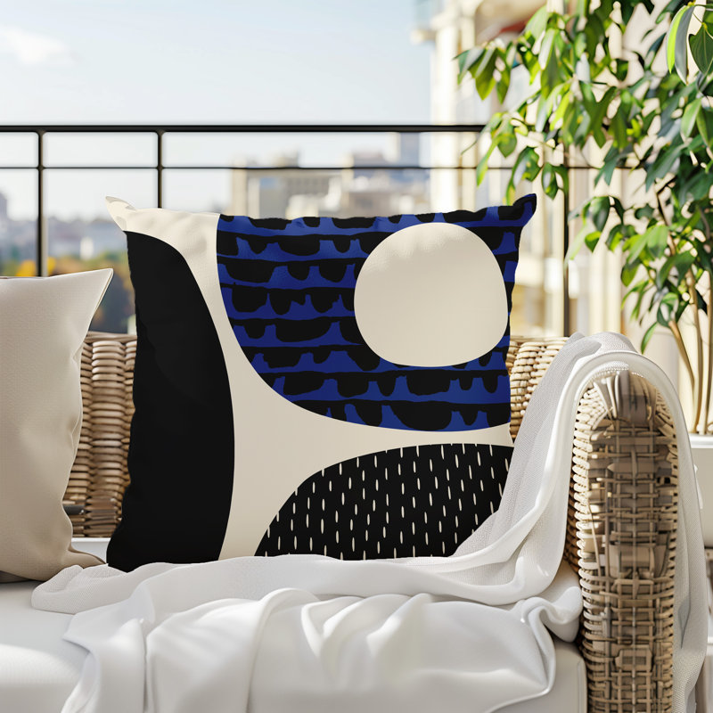 Coussin carré intérieur / extérieur pia, H 15 po x l 15 po, Bleu marine / noir / blanc cassé