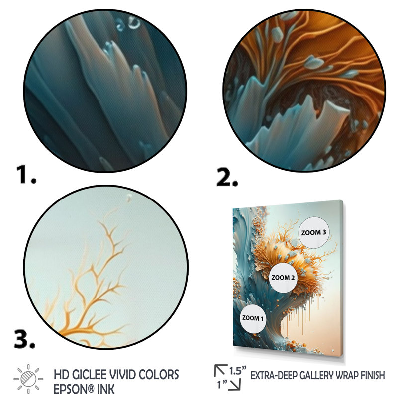 «Abstract Blue and Gold Leaves I», reproduction sur toile, H 44 po x l 34 po x P 1,5 po, Toile tendue